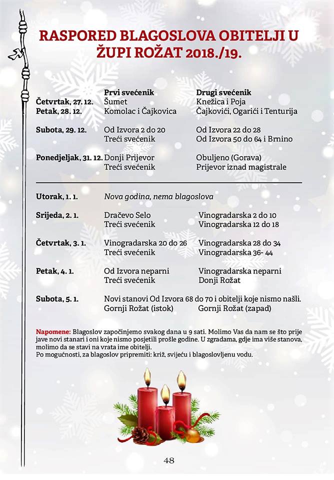 RASPORED BLAGOSLOVA OBITELJI U ŽUPI ROŽAT 2018./19.