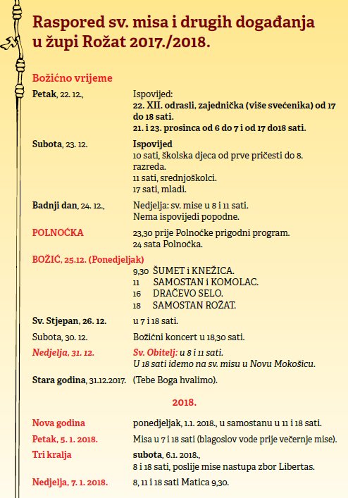 Raspored sv. misa i drugih događanja u župi Rožat 2017./2018. Božićno vrijeme