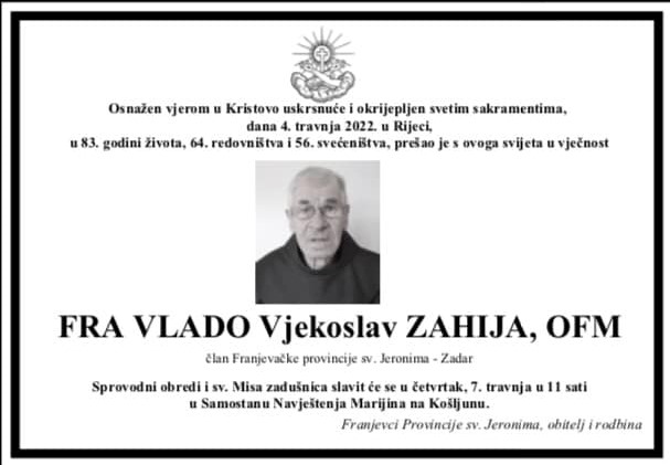 PREMINUO FRA VLADO ZAHIJA